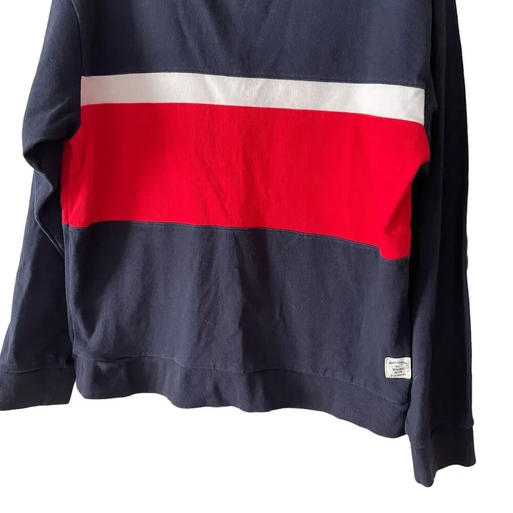 Roots Mens Medium Crewneck Sweatshirt Pullover Navy Blue Red White Colorblock